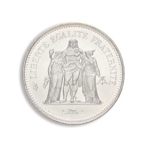 French coin depicting the motto Liberté Égalité Fraternité with three allegorical figures at center