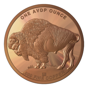 Copper coin with a bison grazing, inscription says 1 oz .999 fine copper (one ounce) on the rim