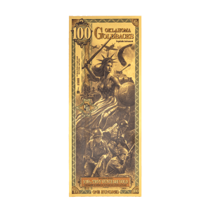A vertical, gold-toned Oklahoma Goldbacks note showing a Liberty figure with a shield and soldiers, labeled '100' at top and 'One Hundred' at bottom.