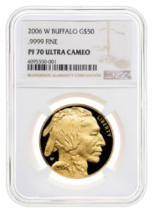 Graded 2006 West Point Buffalo gold coin in a plastic slab; label reads PF70 Ultra Cameo, .9999 fine, NGC, with scales watermark in background.