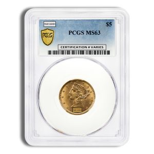 Gold-colored coin in a clear PCGS grading slab labeled 'PCGS MS63' with a barcode and 'Year varies' badge.