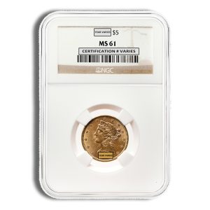 Gold coin encased in a plastic Numismatic Grading slab, label reads MS61 and year varies with barcode visible