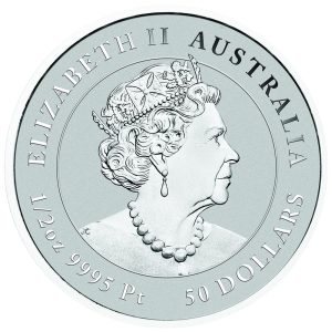 Australian 50-dollar silver coin showing Queen Elizabeth II in profile facing right, wearing crown and pearls; inscriptions: ELIZABETH II AUSTRALIA 2012 9995 Pt 50 DOLLARS.