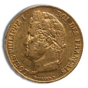 French gold coin with a left-facing bust of Louis-Philippe I, king of the French, inscription around the edge 'LOUIS PHILIPPE I ROI DES FRANÇAIS'
