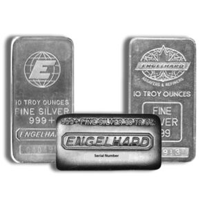 Three Engelhard silver bullion bars, each stamped 10 Troy Ounces of .999 fine silver; the center bar shows 'Engelhard' and 'Serial Number'.