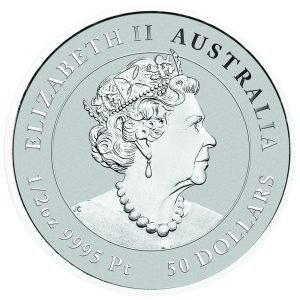 Australian $50 coin with Queen Elizabeth II in profile, wearing crown and necklace, inscribed 50 DOLLARS and 1 oz 9995 Pt