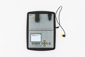 Portable metal verifier device with two probes and a color LCD screen, labeled Sigma Metalytics Precious Metal Verifier Pro on a white surface