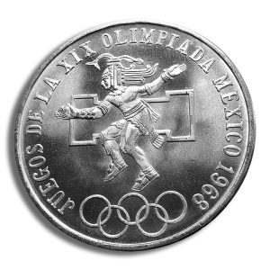 Commemorative Mexican coin for the 1968 Olympic Games, showing a sprinter and the Olympic rings with the inscription 'XVII OLIMPIADA MEXICO 1968'