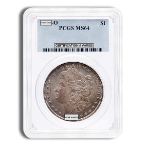 Slabbed Morgan silver dollar in a plastic case labeled PCGS MS64; obverse portrait of Liberty.