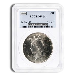 Certified silver dollar in a plastic grading slab (PCGS MS64); year and certification number may vary