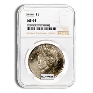 Silver coin in a Numismatic Guaranty Company holder; grade MS64, year varies, obverse portrait of Liberty visible.