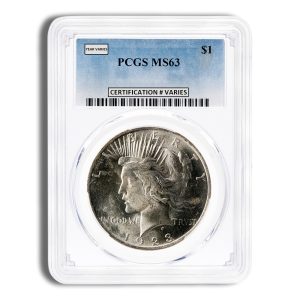 1923 Peace silver dollar in a PCGS slab, graded MS63, with blue label and barcode.