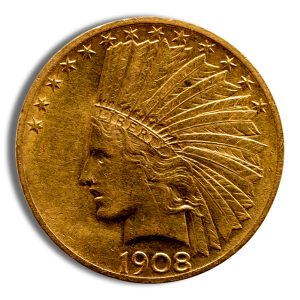 1908 Indian Head cent in profile facing left with a feathered headdress
