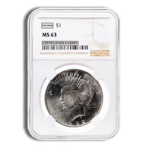 Certified MS63 1922 silver dollar in a Numismatic Guaranty Company (NGC) plastic slab; obverse shows Liberty facing left with sun rays and the date 1922.