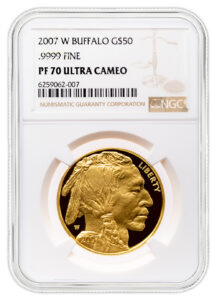 Gold 2007 West Point Buffalo $50 coin in a Numismatic Guaranty Corporation slab, grade PF70 Ultra Cameo, with obverse Native American profile.