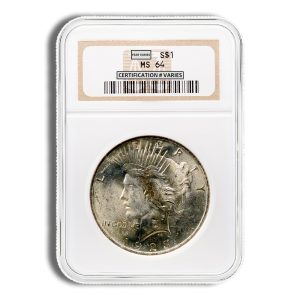 U.S. silver dollar sealed in a protective grading slab, label shows MS64 and certification varies