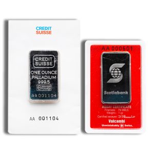 Palladium bar in Credit Suisse packaging (ONE OUNCE PALLADIUM 999.5) beside a red Valcambi assay card from Scotiabank.