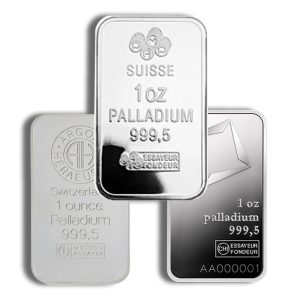 Three palladium bullion bars stacked, each stamped 1 oz and 999.5 purity, Suisse/Essayeur markings visible