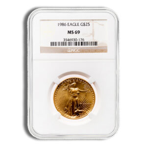 1986 American Eagle $25 gold coin in a protective slab, graded MS69 by NGC.