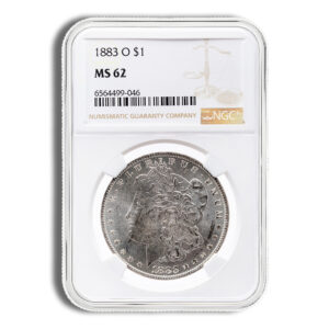1883-O Morgan silver dollar in an NGC slab labeled MS62.