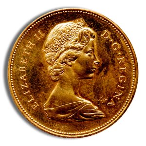 Gold coin featuring a right-facing portrait of Queen Elizabeth II in a crown, with ELIZABETH II D G REGINA along the edge.
