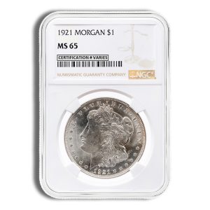 1921 Morgan silver dollar in a clear NGC slab, graded MS65 with certification label visible.