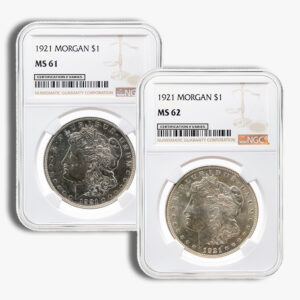 Two 1921 Morgan silver dollars in protective slabs, graded MS61 and MS62 by NGC, shown side by side.