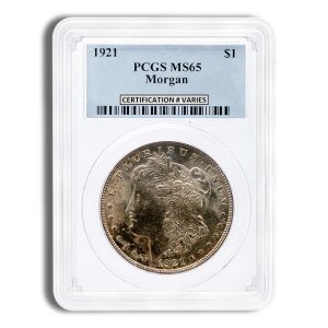 1921 Morgan silver dollar in a PCGS MS65 slab with certification label visible