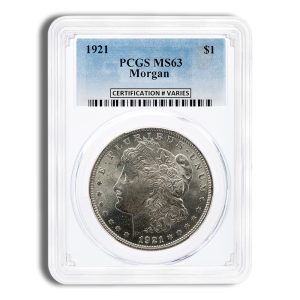 1921 Morgan silver dollar in a protective plastic slab labeled PCGS MS63 with barcode