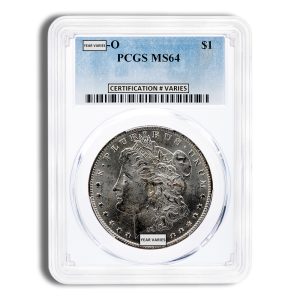 Morgan silver dollar in a slab labeled PCGS MS64; certificate shows 'Year varies' and barcode, coin portrait visible through holder.