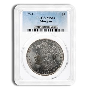 1921 Morgan silver dollar in a PCGS MS64 graded slab