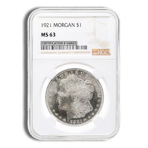Certified 1921 Morgan silver dollar in protective slab labeled MS63 by NGC