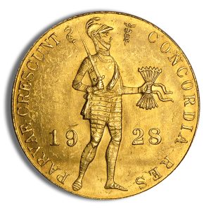Gold coin showing a knight in armor holding a sword and a sheaf of wheat; year 1928.