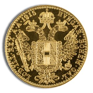 Gold coin featuring a double-headed eagle with a crowned shield at the center and a beaded edge, year 1915 visible on the rim