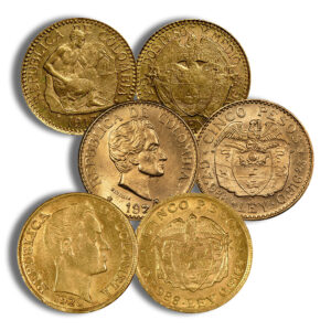 Pile of Colombian gold coins featuring portraits and coats of arms from early 20th century, stacked together.