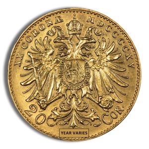Gold coin depicting a crowned double-headed eagle with a shield on its chest and ornate detailing along the edge, inscription around edge reads '20 CORONE MDCC...'.