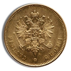 Gold coin featuring a crowned double-headed eagle with a shield on its chest, holding a scepter and orb, surrounded by the inscription 'FINLAND SUOMI'.