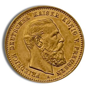Gold coin showing a right-facing portrait of a bearded man, with the inscription 'KAISER KÖNIG VON PREUSSEN' around the edge.