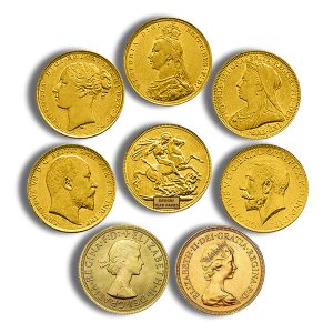 Gold coins arranged in a circular pattern on a white background, with a central coin showing a rider and a tiny 'DESIGN/YEAR VARIES' label.