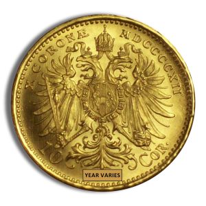 Gold coin featuring a double-headed eagle with a shield on the chest and a crown above, ornate detailing around the edge; year varies.