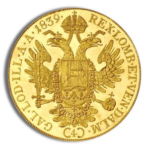 Gold historic gold coin showing a double-headed eagle with a crown and central shield, surrounded by Latin lettering along the rim.