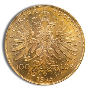 Gold 100-Cor coin from 1915 featuring a double-headed imperial eagle and crown, with '100 COR 1915' inscribed around the edge.