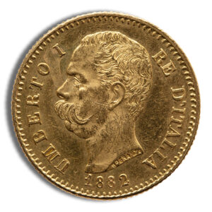 Gold Italian coin with a left-facing bust of King Umberto I, inscribed 'UMBERTO I RE D'ITALIA' and the year 1882