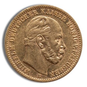 Gold coin featuring a right-facing portrait of Wilhelm II, with the inscription around the edge reading 'WILHELM II DEUTSCHER KAISER KÖNIG VON PREUSSEN' and a small mint mark 'B' beneath the neck.