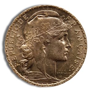 French coin with Marianne in profile facing right, wearing a laurel wreath and a branch, surrounded by the inscription Republique Française.