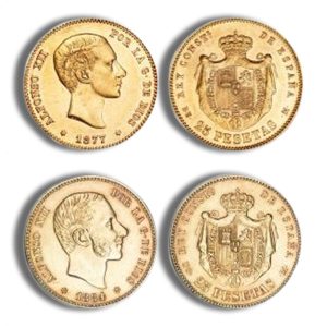 Four gold 25 pesetas coins in a 2x2 grid showing Alfonso XII portraits on the obverse and the Spanish royal coat of arms on the reverse.