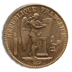French Republic coin showing a winged figure painting at an easel, with a rooster to the right.