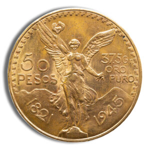 Gold 50 pesos coin featuring the Winged Victory figure above mountains, with inscriptions 50 PESOS and 1945.