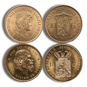 Set of four old Dutch coins: top-left Queen Wilhelmina obverse, top-right royal crest 10 gulden, bottom-left King Willem II obverse, bottom-right crowned shield 10 gulden dated 1816.