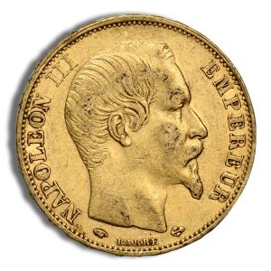 Gold French coin showing Napoleon III in profile facing right, inscriptions read 'NAPOLEON III EMPEREUR'.